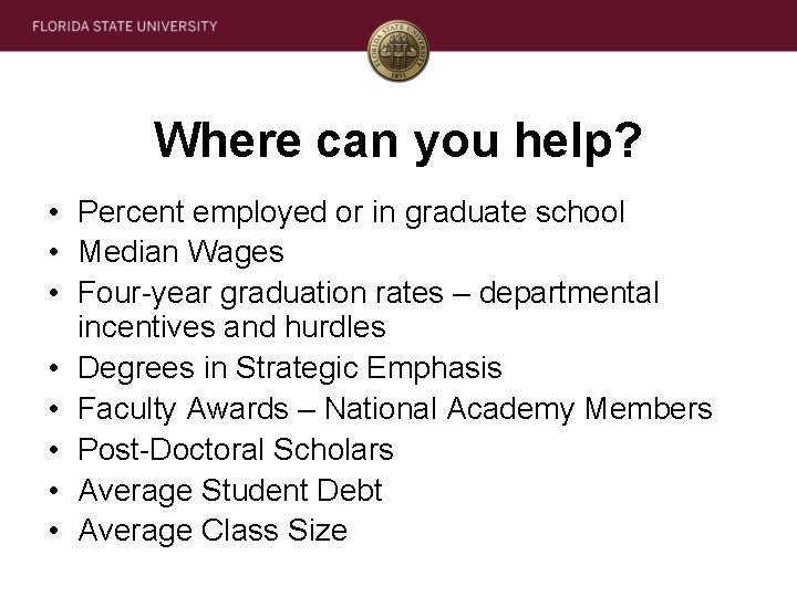 Where can you help? • Percent employed or in graduate school • Median Wages