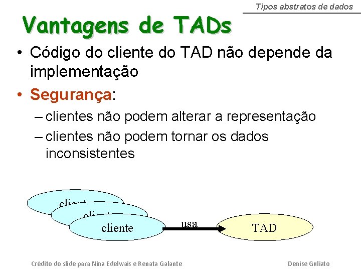 Vantagens de TADs Tipos abstratos de dados • Código do cliente do TAD não