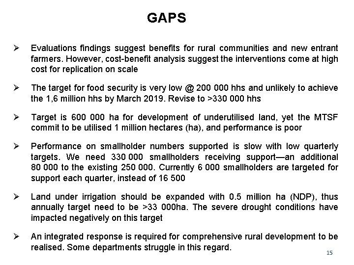 GAPS Ø Evaluations findings suggest benefits for rural communities and new entrant farmers. However,