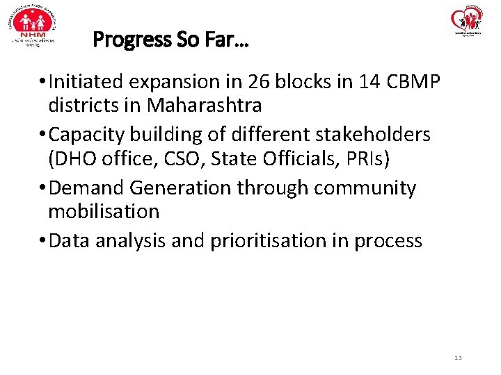 Progress So Far… • Initiated expansion in 26 blocks in 14 CBMP districts in