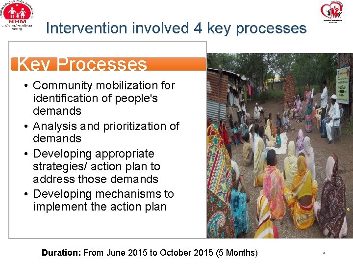 Intervention involved 4 key processes Key Processes • Community mobilization for identification of people's
