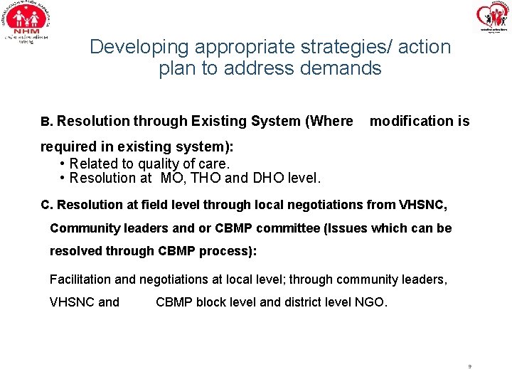 Developing appropriate strategies/ action plan to address demands B. Resolution through Existing System (Where