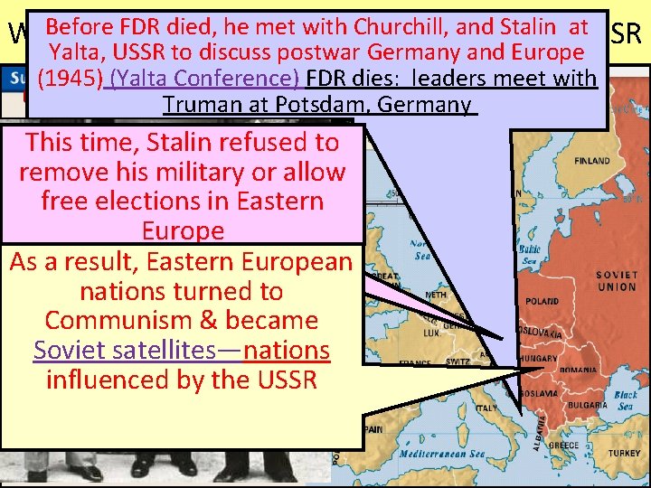 Before FDR died, he met with Churchill, and. USA Stalin& at WWII increased hostilities