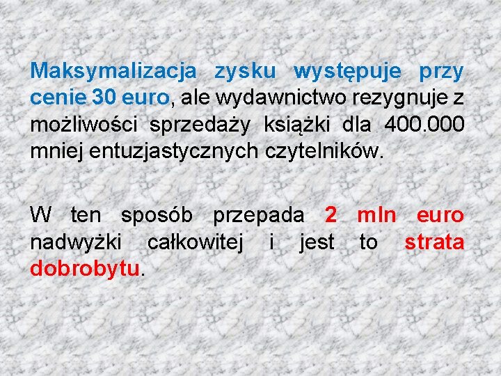 Maksymalizacja zysku występuje przy cenie 30 euro, ale wydawnictwo rezygnuje z możliwości sprzedaży książki