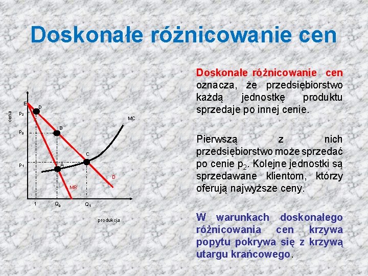 Doskonałe różnicowanie cena E Doskonałe różnicowanie cen oznacza, że przedsiębiorstwo każdą jednostkę produktu sprzedaje