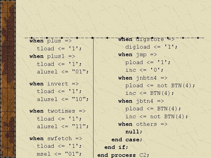 when plus => tload <= '1'; when plus 1 => tload <= '1'; alusel