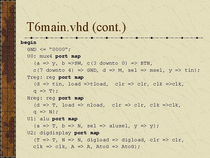 T 6 main. vhd (cont. ) begin GND <= "0000"; U 0: mux 4