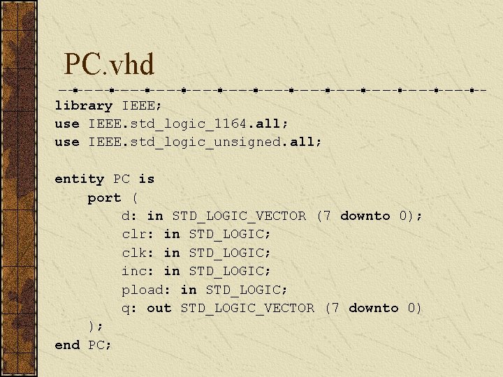 PC. vhd library IEEE; use IEEE. std_logic_1164. all; use IEEE. std_logic_unsigned. all; entity PC