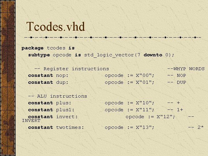 Tcodes. vhd package tcodes is subtype opcode is std_logic_vector(7 downto 0); -- Register instructions