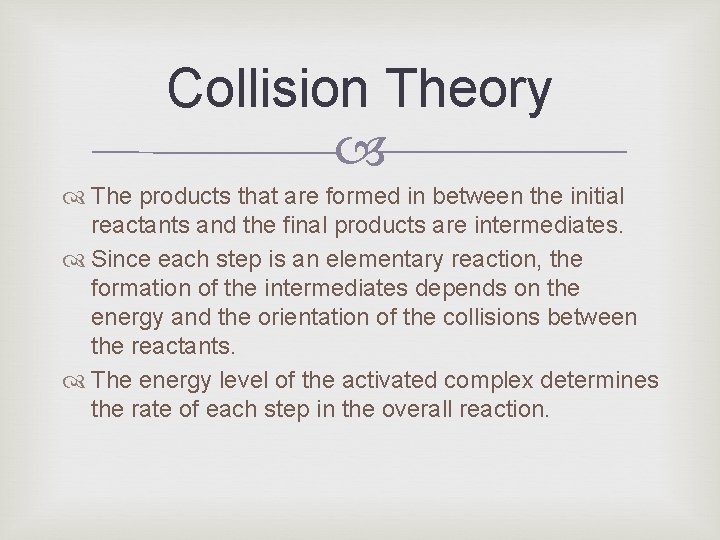 Collision Theory The products that are formed in between the initial reactants and the