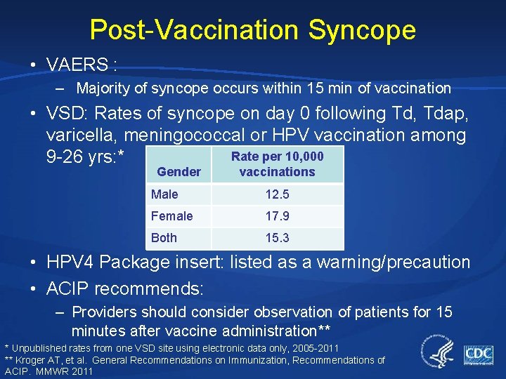 Post-Vaccination Syncope • VAERS : – Majority of syncope occurs within 15 min of