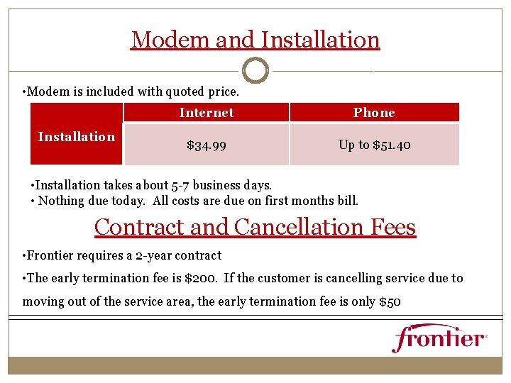 Modem and Installation • Modem is included with quoted price. Installation Internet Phone $34.