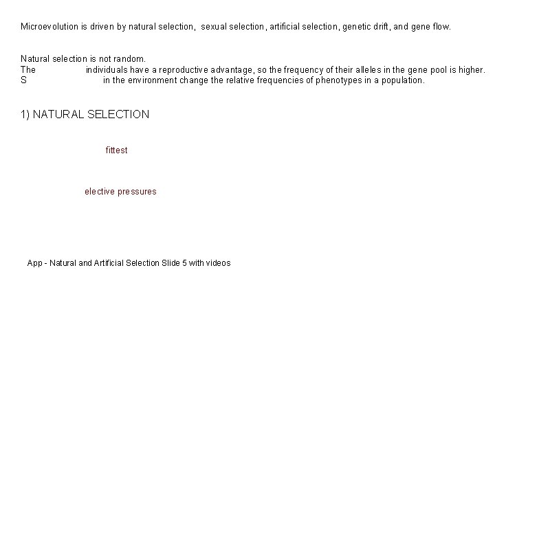 Microevolution is driven by natural selection, sexual selection, artificial selection, genetic drift, and gene