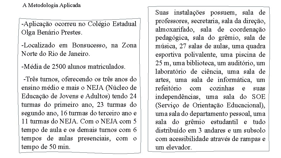 A Metodologia Aplicada -Aplicação ocorreu no Colégio Estadual Olga Benário Prestes. -Localizado em Bonsucesso,