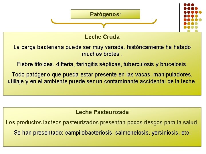 Patógenos: Leche Cruda La carga bacteriana puede ser muy variada, históricamente ha habido muchos