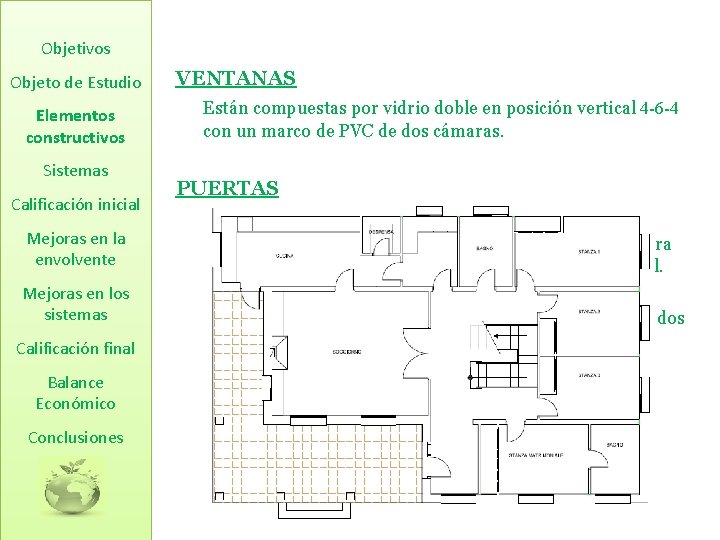 Objetivos Objeto de Estudio Elementos constructivos Sistemas Calificación inicial Mejoras en la envolvente Mejoras