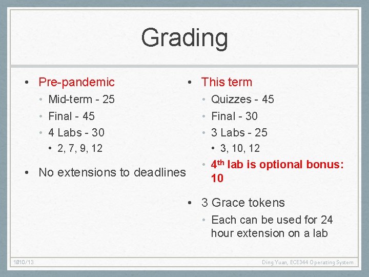 Grading • Pre-pandemic • This term • Mid-term - 25 • Final - 45