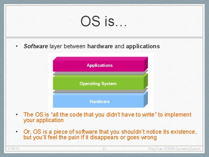 OS is… • Software layer between hardware and applications • The OS is “all