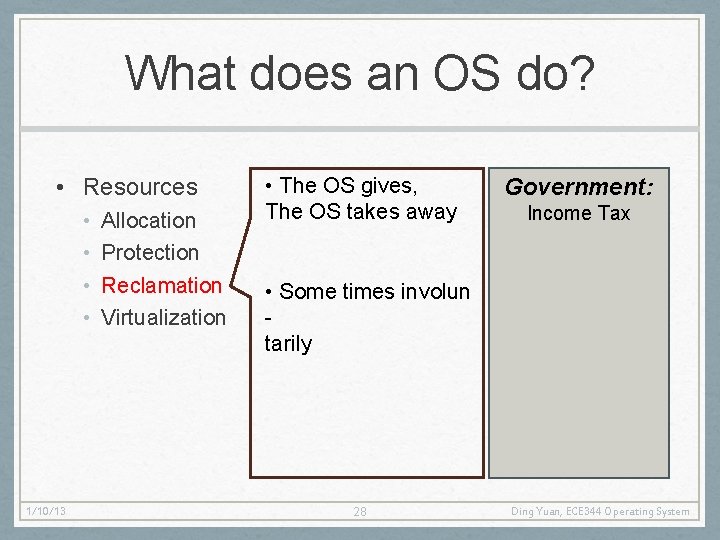 What does an OS do? • Resources • • 1/10/13 Allocation Protection Reclamation Virtualization