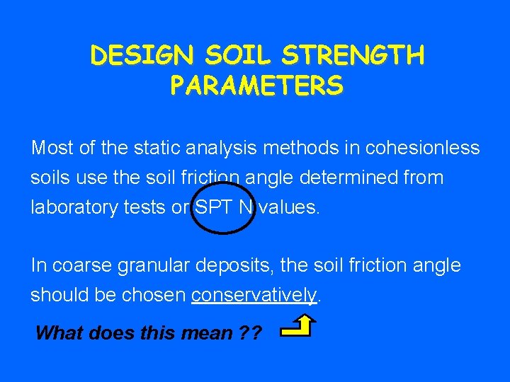 DESIGN SOIL STRENGTH PARAMETERS Most of the static analysis methods in cohesionless soils use