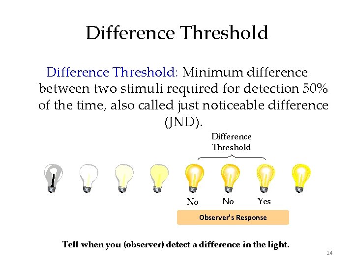 Difference Threshold: Minimum difference between two stimuli required for detection 50% of the time,