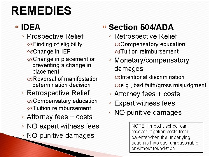 REMEDIES IDEA ◦ Prospective Relief Section 504/ADA ◦ Retrospective Relief Finding of eligibility Change