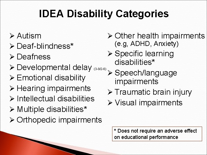 IDEA Disability Categories Ø Other health impairments Ø Autism (e. g, ADHD, Anxiety) Ø