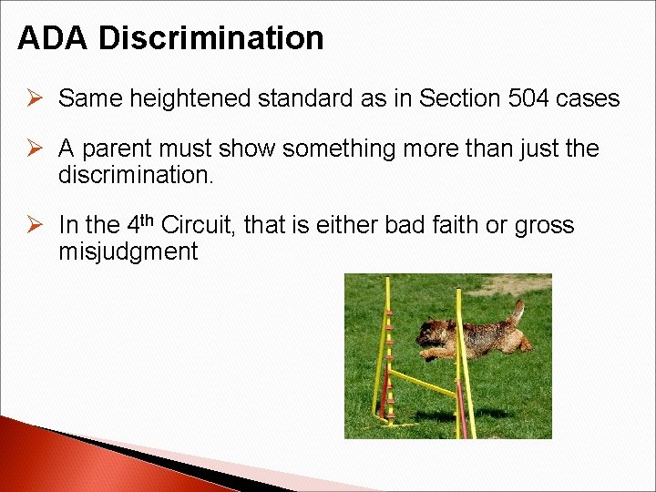 ADA Discrimination Ø Same heightened standard as in Section 504 cases Ø A parent