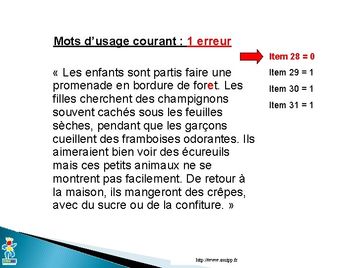 Mots d’usage courant : 1 erreur Item 28 = 0 « Les enfants sont