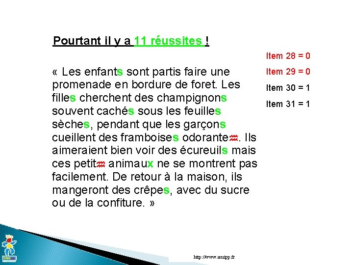 Pourtant il y a 11 réussites ! Item 28 = 0 « Les enfants