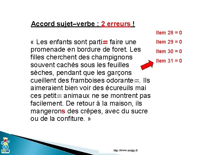 Accord sujet–verbe : 2 erreurs ! Item 28 = 0 « Les enfants sont