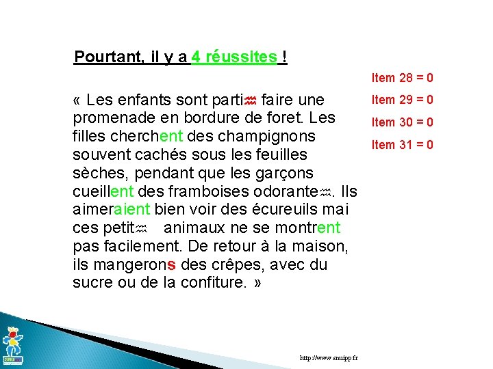 Pourtant, il y a 4 réussites ! Item 28 = 0 « Les enfants