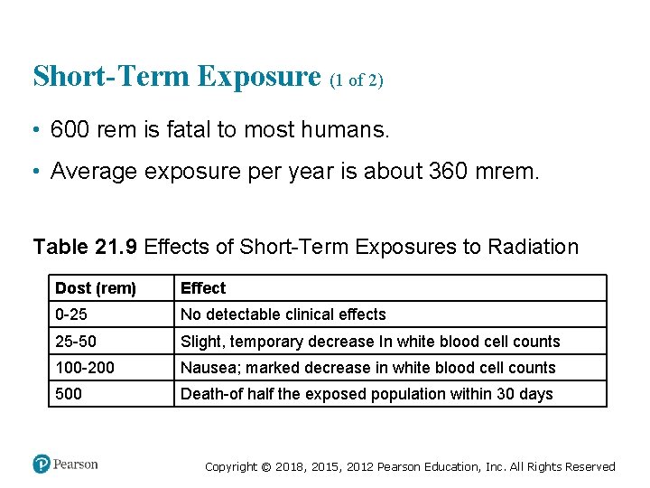 Short-Term Exposure (1 of 2) • 600 rem is fatal to most humans. •