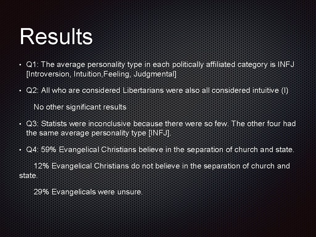 Results • Q 1: The average personality type in each politically affiliated category is