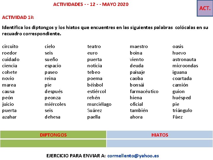 ACTIVIDADES - - 12 - - MAYO 2020 ACTIVIDAD 1ª: Identifica los diptongos y