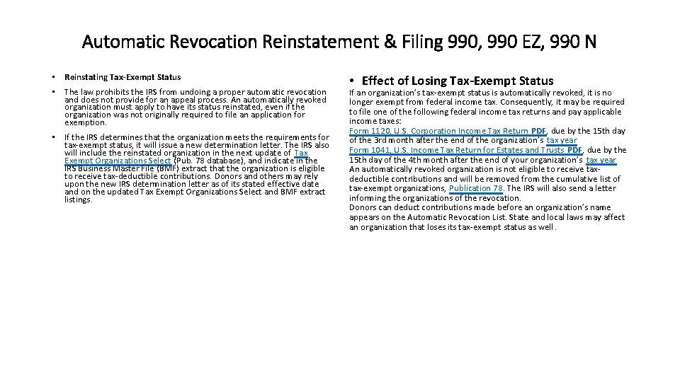 Automatic Revocation Reinstatement & Filing 990, 990 EZ, 990 N • Reinstating Tax-Exempt Status