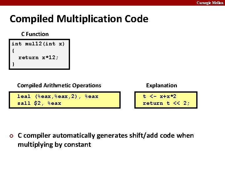 Carnegie Mellon Compiled Multiplication Code C Function int mul 12(int x) { return x*12;