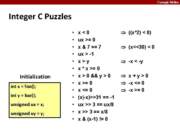 Carnegie Mellon Integer C Puzzles Initialization int x = foo(); int y = bar();