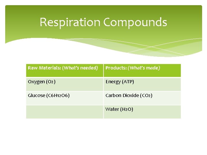 Respiration Compounds Raw Materials: (What’s needed) Products: (What’s made) Oxygen (O 2) Energy (ATP)