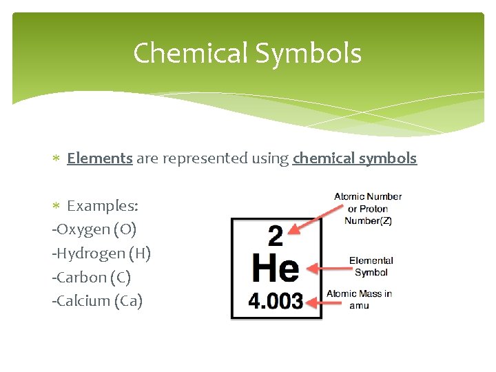 Chemical Symbols Elements are represented using chemical symbols Examples: -Oxygen (O) -Hydrogen (H) -Carbon