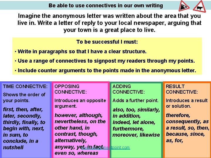 Be able to use connectives in our own writing Imagine the anonymous letter was Be able to use connectives in our own writing Imagine the anonymous letter was