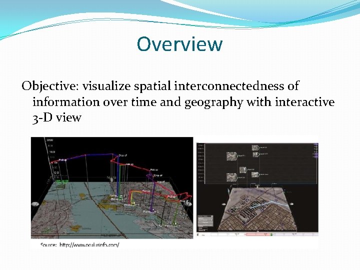 Overview Objective: visualize spatial interconnectedness of information over time and geography with interactive 3