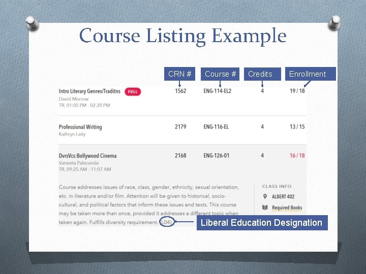 Course Listing Example CRN # Course # Credits Enrollment Liberal Education Designation 