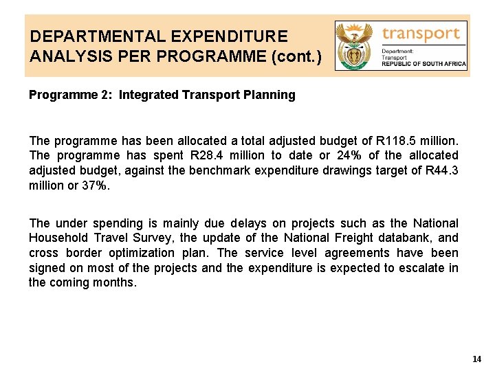 DEPARTMENTAL EXPENDITURE ANALYSIS PER PROGRAMME (cont. ) Programme 2: Integrated Transport Planning The programme