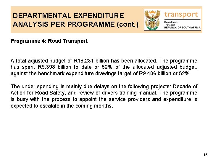 DEPARTMENTAL EXPENDITURE ANALYSIS PER PROGRAMME (cont. ) Programme 4: Road Transport A total adjusted