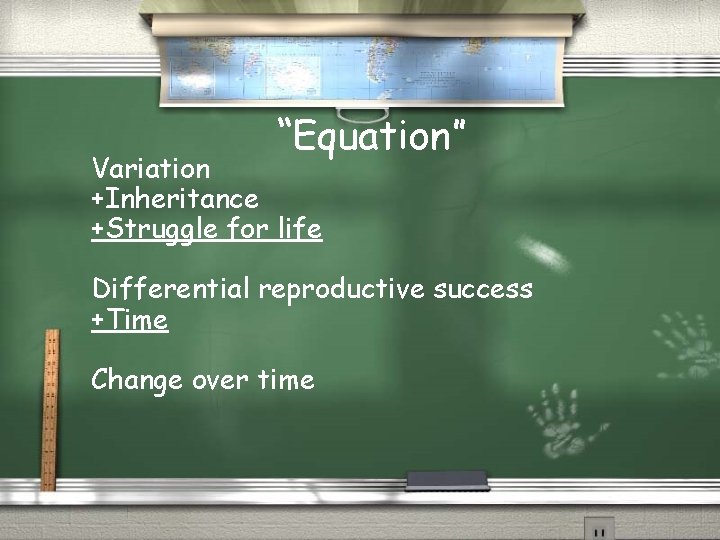 “Equation” Variation +Inheritance +Struggle for life Differential reproductive success +Time Change over time 