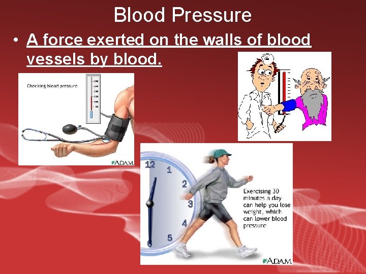 Blood Pressure • A force exerted on the walls of blood vessels by blood.