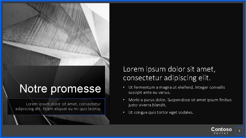 Notre promesse Lorem ipsum dolor sit amet, consectetur adipiscing elit. Etiam aliquet eu mi