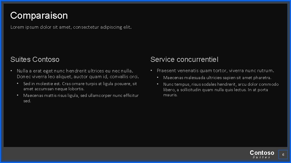 Comparaison Lorem ipsum dolor sit amet, consectetur adipiscing elit. Suites Contoso Service concurrentiel •
