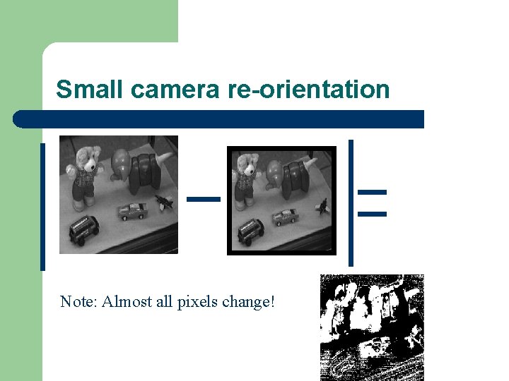 Small camera re-orientation Note: Almost all pixels change! 